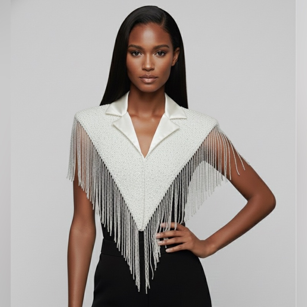 White Blazer Cape with Beaded Fringe - Picture 7 of 7